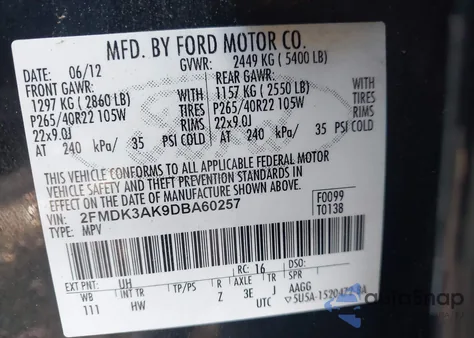 2013 Ford Edge Sport z USA, uszkodzony, nr VIN 2FMDK3AK9DBA60257